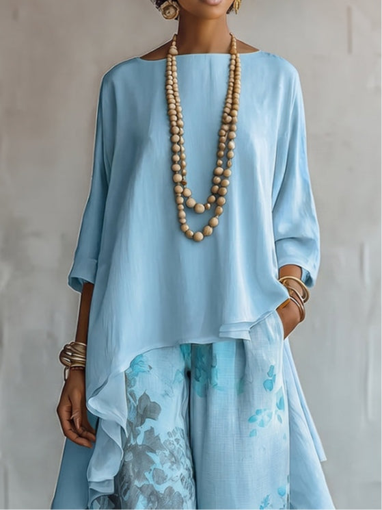Rosalie - Blue Asymmetrical Top and Floral Wide-Leg Pants Set