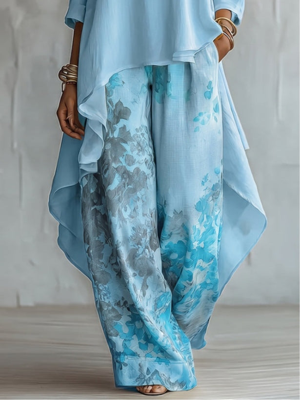 Rosalie - Blue Asymmetrical Top and Floral Wide-Leg Pants Set