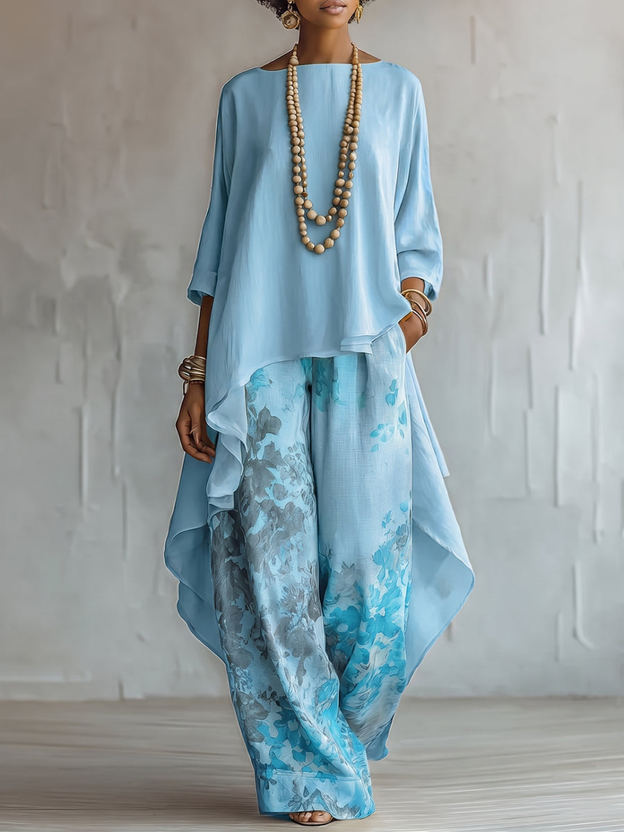 Rosalie - Blue Asymmetrical Top and Floral Wide-Leg Pants Set