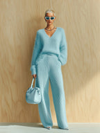 Arabella - Chic Vintage Baby Blue V-Neck Long Sleeve Oversized Sweater Wide-Leg Pants Fuzzy Knit Two-Piece Set