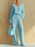 Arabella - Chic Vintage Baby Blue V-Neck Long Sleeve Oversized Sweater Wide-Leg Pants Fuzzy Knit Two-Piece Set
