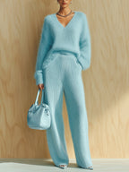Arabella - Chic Vintage Baby Blue V-Neck Long Sleeve Oversized Sweater Wide-Leg Pants Fuzzy Knit Two-Piece Set