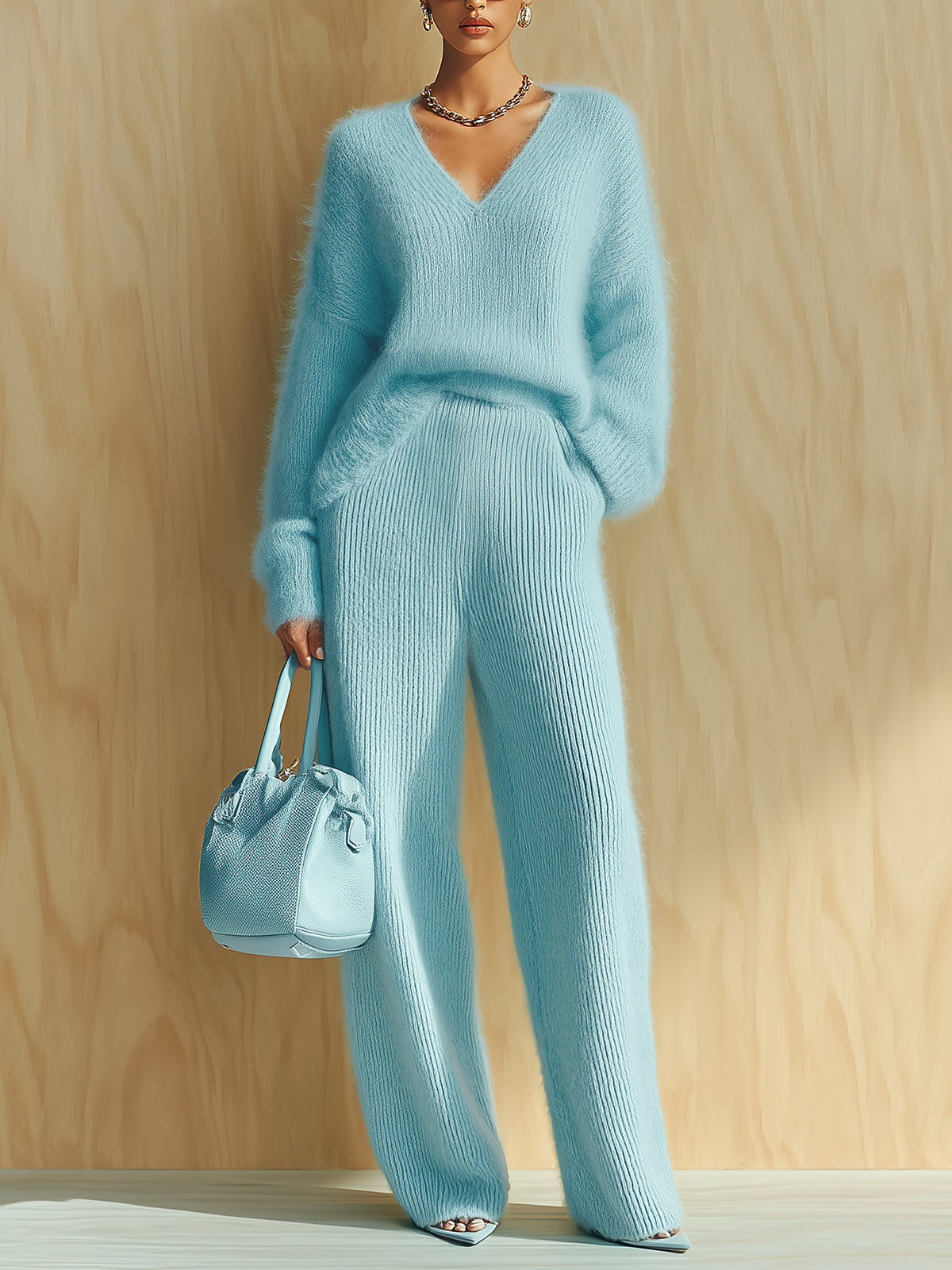 Arabella - Chic Vintage Baby Blue V-Neck Long Sleeve Oversized Sweater Wide-Leg Pants Fuzzy Knit Two-Piece Set
