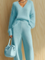 Arabella - Chic Vintage Baby Blue V-Neck Long Sleeve Oversized Sweater Wide-Leg Pants Fuzzy Knit Two-Piece Set