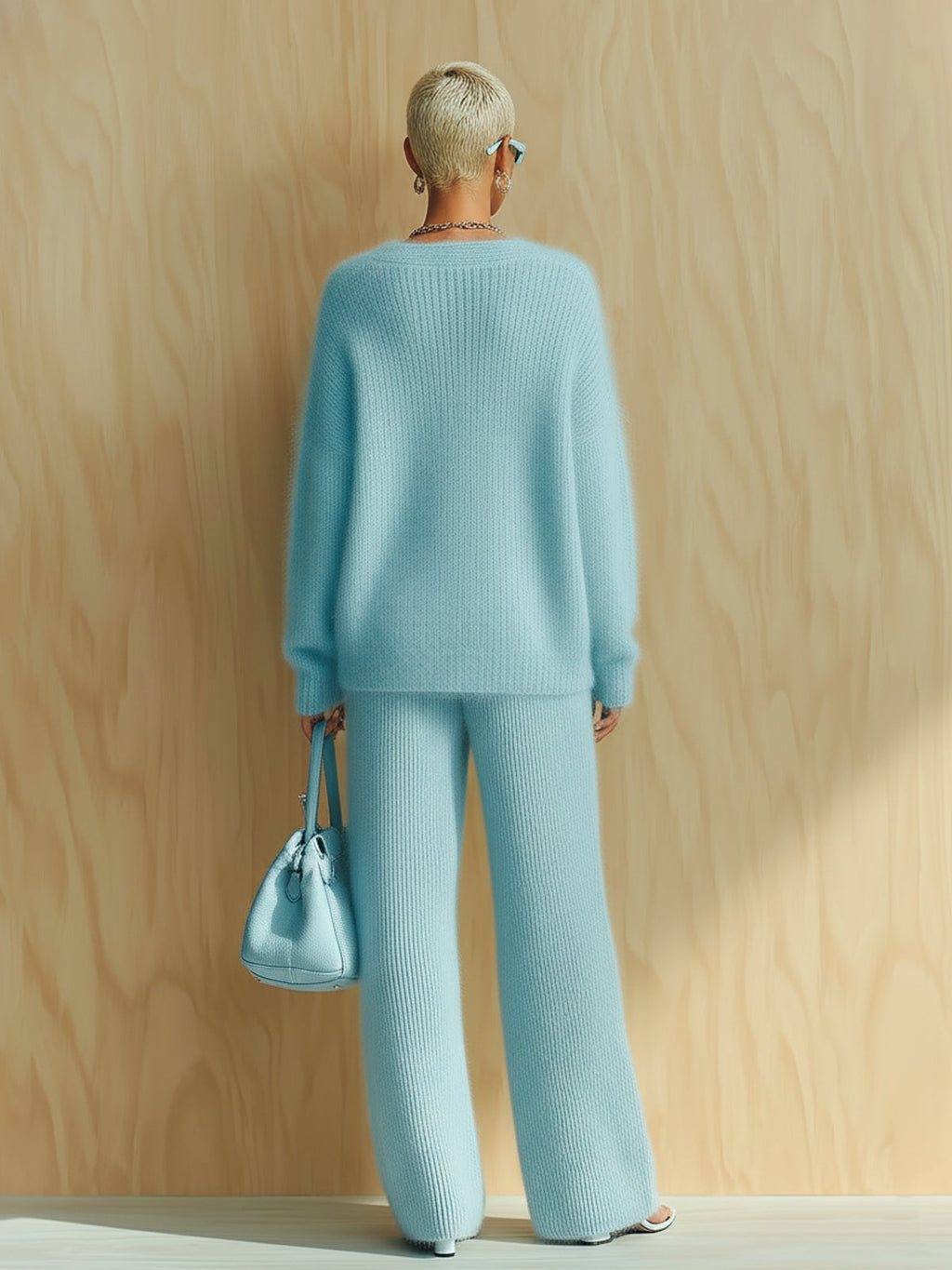 Arabella - Chic Vintage Baby Blue V-Neck Long Sleeve Oversized Sweater Wide-Leg Pants Fuzzy Knit Two-Piece Set