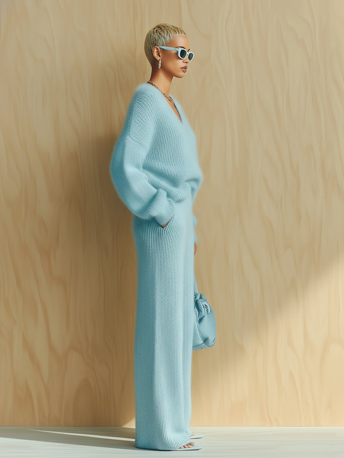 Arabella - Chic Vintage Baby Blue V-Neck Long Sleeve Oversized Sweater Wide-Leg Pants Fuzzy Knit Two-Piece Set