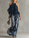 Brielle - Navy Halter Neck Top And Printed Wide-leg Pants Chiffon Set
