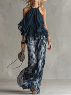 Brielle - Navy Halter Neck Top And Printed Wide-leg Pants Chiffon Set