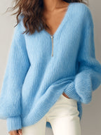 Natalia - Chic Vintage Blue V-Neck Long-Sleeve Zipper-Front Oversize Fuzzy Knit Sweater Top