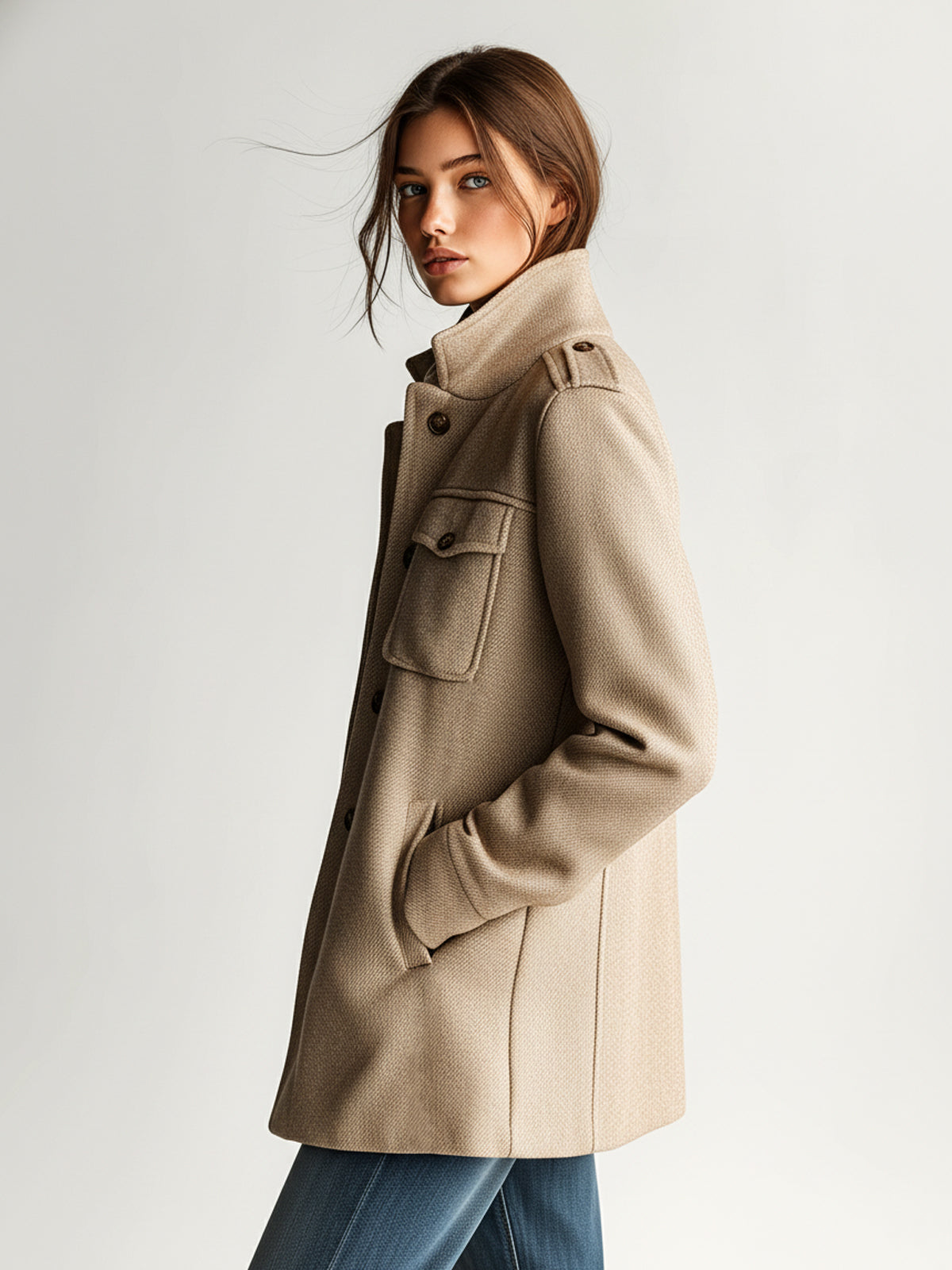Felicity - Vintage Casual Khaki Wool Blend Stand Collar Epaulet Multi-Pocket Short Coat