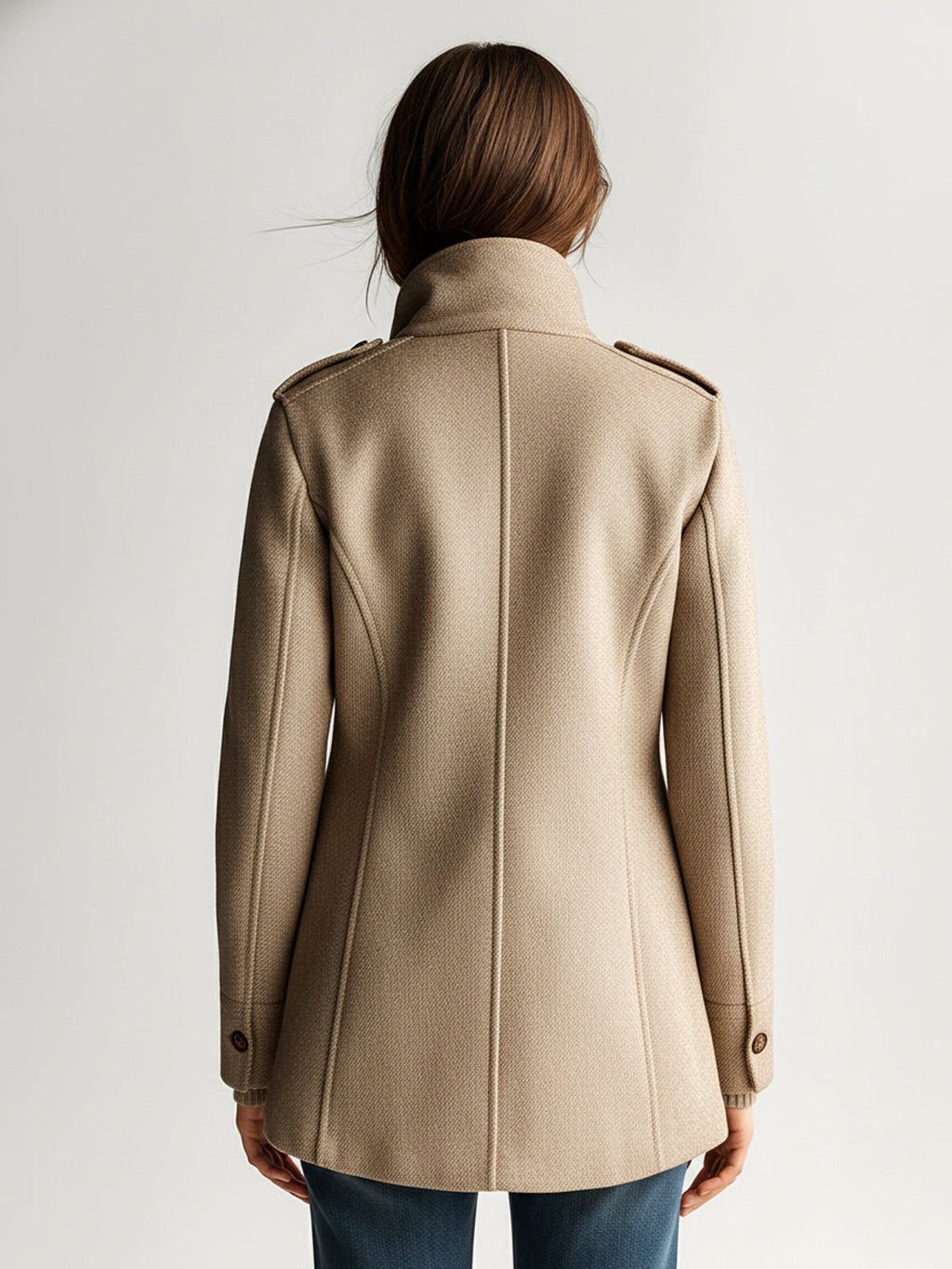 Felicity - Vintage Casual Khaki Wool Blend Stand Collar Epaulet Multi-Pocket Short Coat