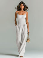 Paloma - Chic Casual Camel Strappy Sleeveless Tailored Waist Wide Leg Ribbed Knit Jumpsuit