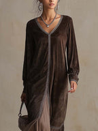 Teresa | Midi flared dress in synthetic suede with V-neck and trim detail