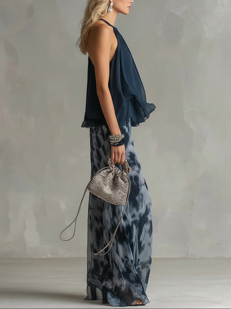 Brielle - Navy Halter Neck Top And Printed Wide-leg Pants Chiffon Set