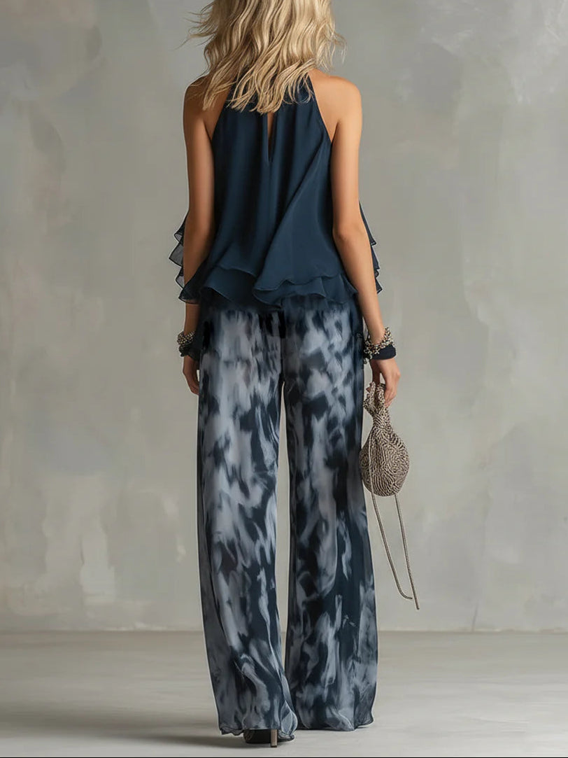 Brielle - Navy Halter Neck Top And Printed Wide-leg Pants Chiffon Set