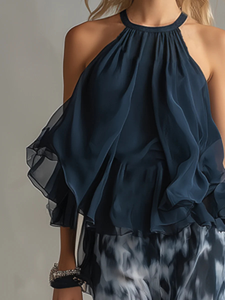 Brielle - Navy Halter Neck Top And Printed Wide-leg Pants Chiffon Set