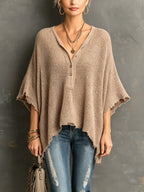 Chic Casual Black Henley Collar Dropped Shoulder Batwing-Sleeve Raw Edge Detail Loose-Fit Sweater