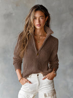 Evelina - Chic Elegant Beige Half-Zipper Collar Long-Sleeve Loose-Fit Breathable Knit Sweater Top