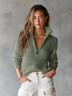 Evelina - Chic Elegant Beige Half-Zipper Collar Long-Sleeve Loose-Fit Breathable Knit Sweater Top