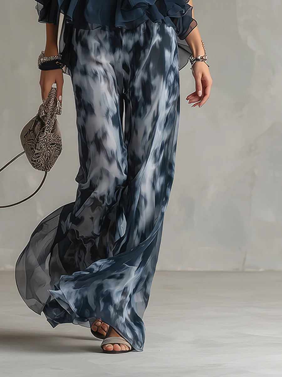Brielle - Navy Halter Neck Top And Printed Wide-leg Pants Chiffon Set