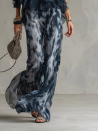 Brielle - Navy Halter Neck Top And Printed Wide-leg Pants Chiffon Set