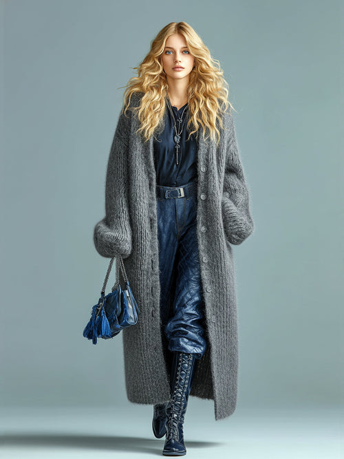 Alessia - Casual Chic Navy Blue Single-breasted Oversized Longline Fuzzy Knit Cardigan