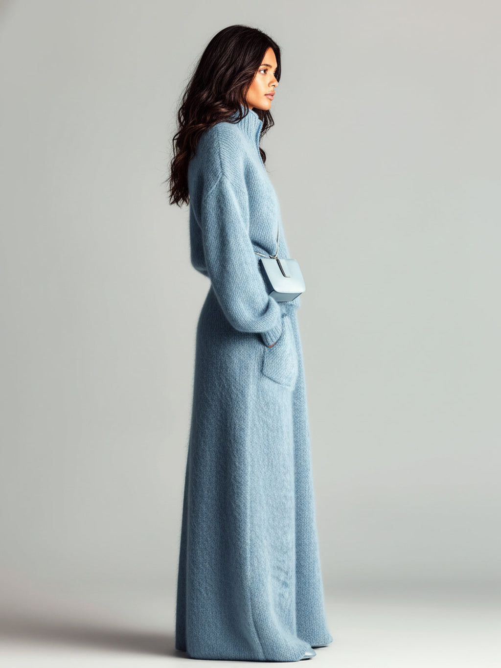 Estella - Chic Elegant Blue Stand Collar V Neck Long Sleeve Loose Sweater Patch Pocket Maxi Skirt Fuzzy Knit Two-Piece Set