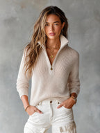 Evelina - Chic Elegant Beige Half-Zipper Collar Long-Sleeve Loose-Fit Breathable Knit Sweater Top