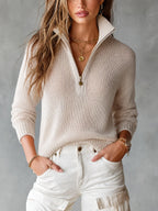 Evelina - Chic Elegant Beige Half-Zipper Collar Long-Sleeve Loose-Fit Breathable Knit Sweater Top