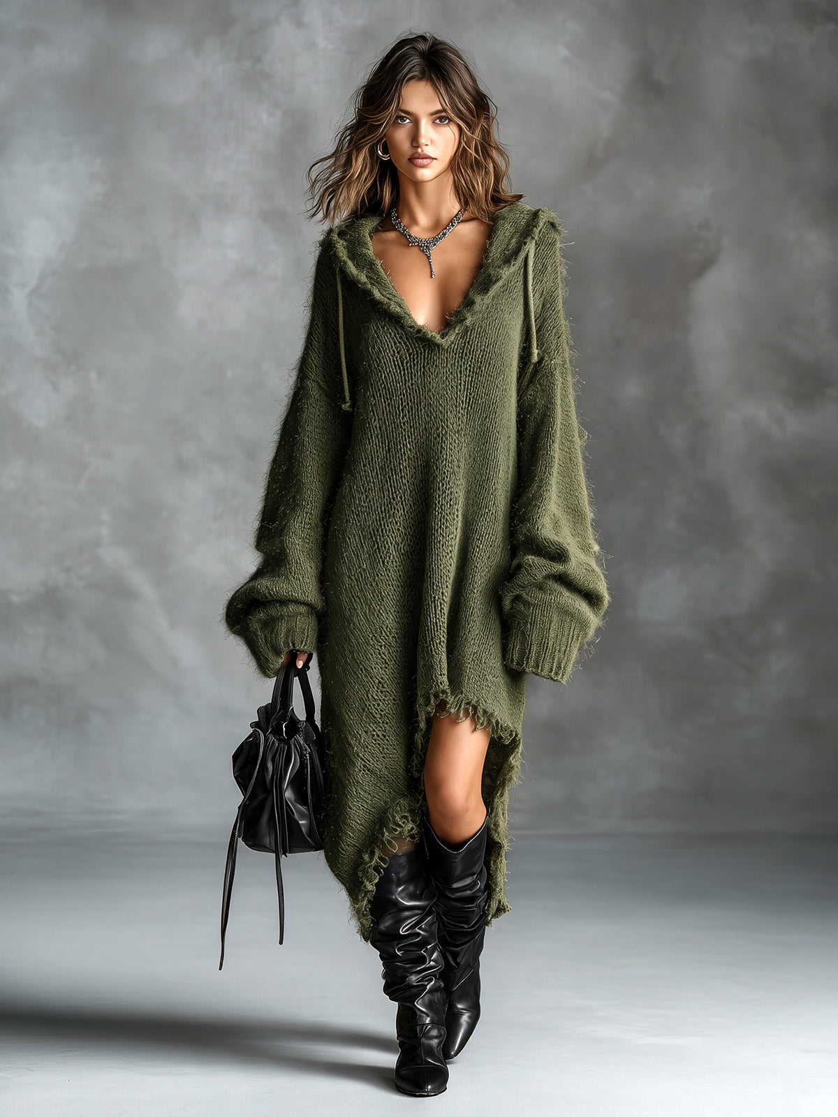 Elena | Fuzzy Knit Hooded Oversized Dress