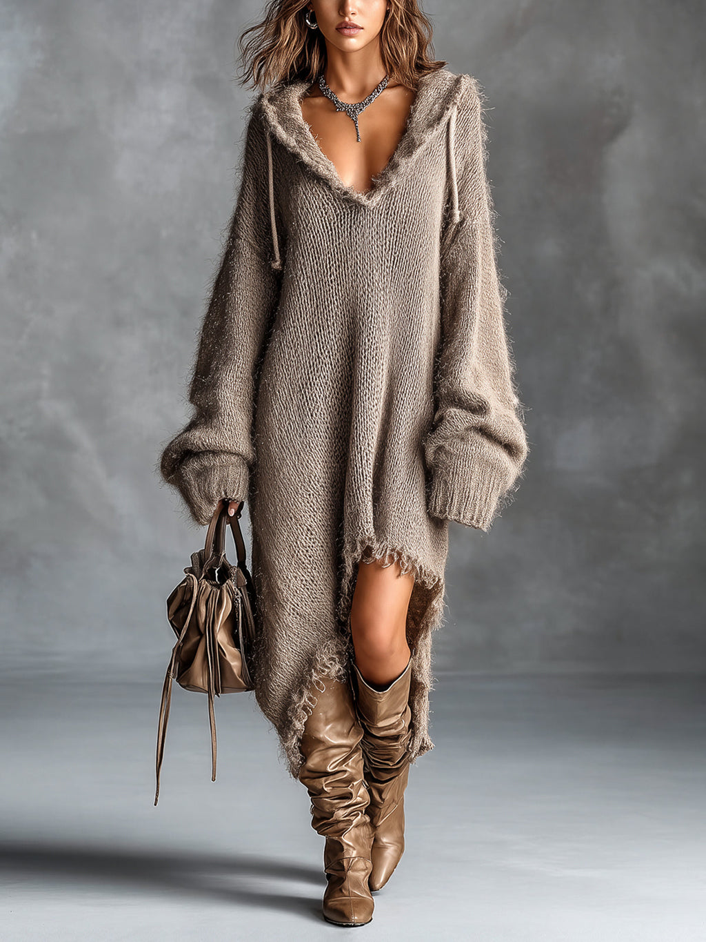 Elena | Fuzzy Knit Hooded Oversized Dress