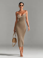 Beatrice - Chic Elegant Camel V-Neck Spaghetti Straps Sleeveless Lace Patch Slim-Fit Detail Ribbed Knit Bodycon Midi Dress