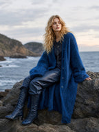 Alessia - Casual Chic Navy Blue Single-breasted Oversized Longline Fuzzy Knit Cardigan