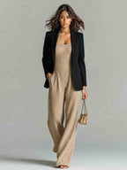 Paloma - Chic Casual Camel Strappy Sleeveless Tailored Waist Wide Leg Ribbed Knit Jumpsuit