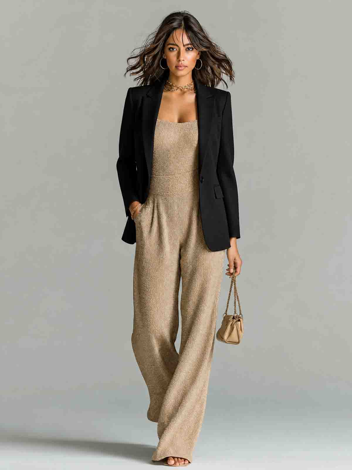 Paloma - Chic Casual Camel Strappy Sleeveless Tailored Waist Wide Leg Ribbed Knit Jumpsuit