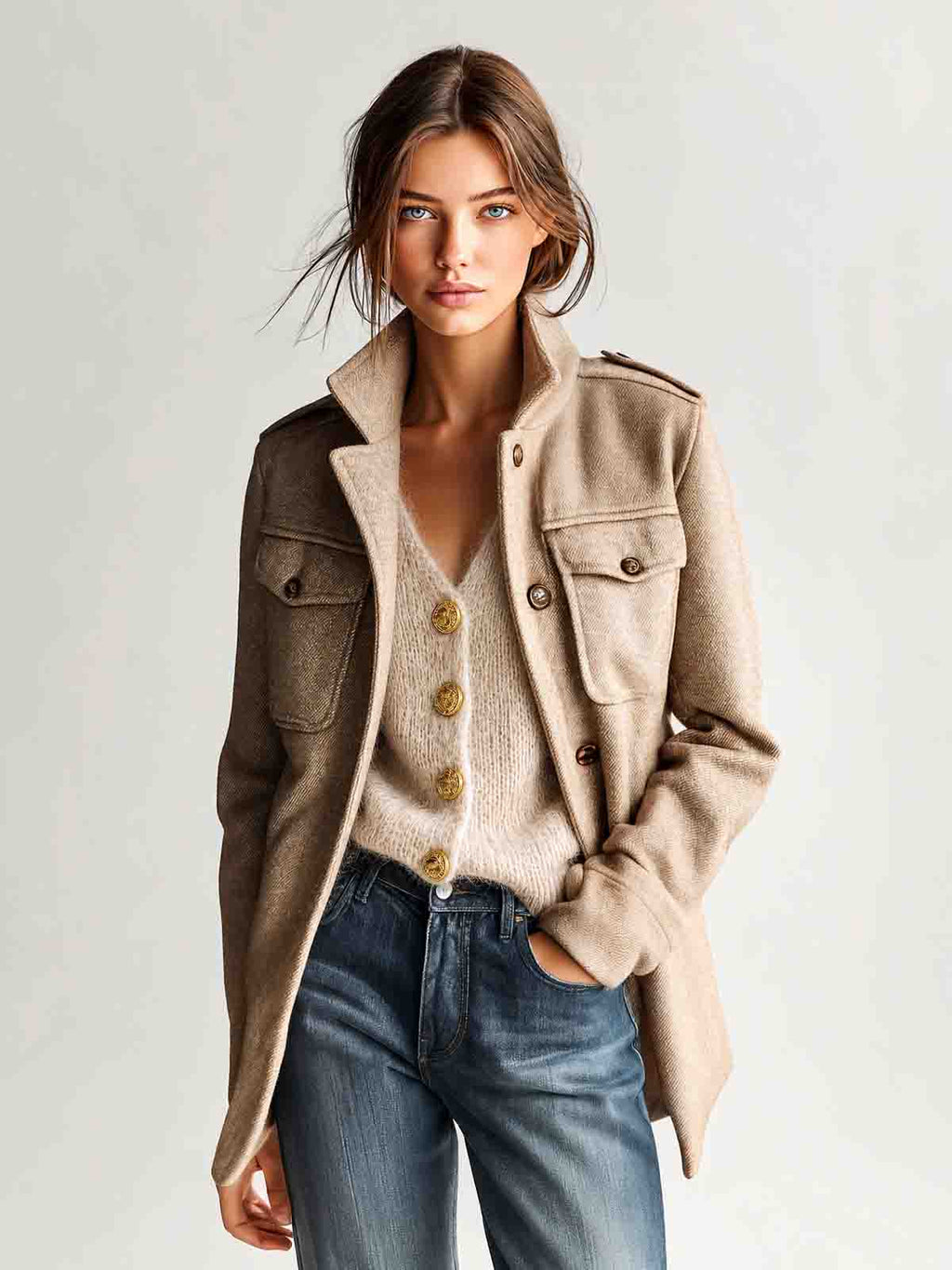 Annalise - Chic Vintage Light Camel V-Neck Single-Breasted Long Sleeve Loose-Fit Fuzzy Knit Cardigan Top