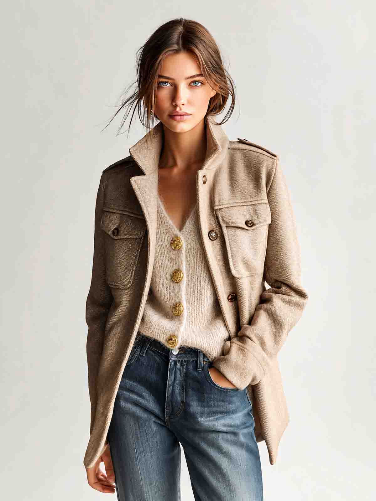 Annalise - Chic Vintage Light Camel V-Neck Single-Breasted Long Sleeve Loose-Fit Fuzzy Knit Cardigan Top