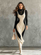 Chic Elegant Beige-Black Colorblock U-Neck Sleeveless  Slim-Fit Soft Knit Midi Dress