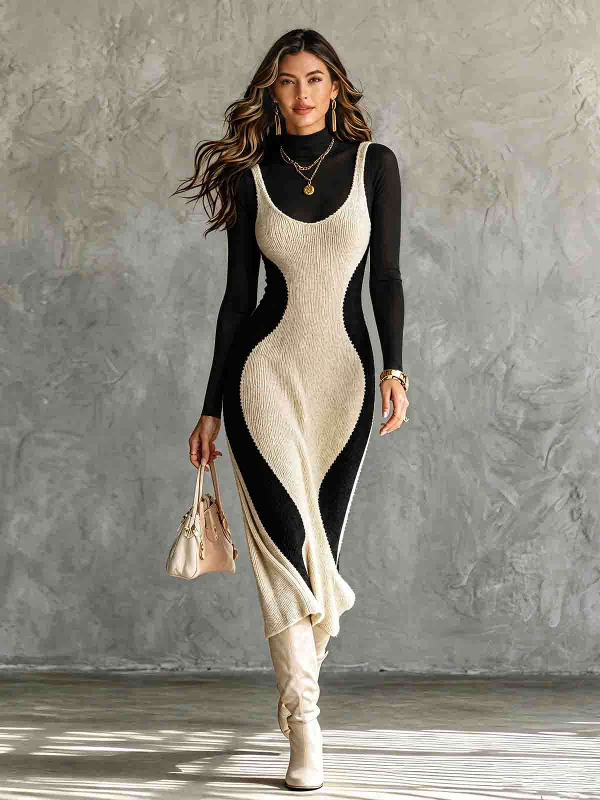 Chic Elegant Beige-Black Colorblock U-Neck Sleeveless  Slim-Fit Soft Knit Midi Dress