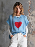 Matilda - Chic Casual Light Blue Round-Neck Red Heart Jacquard Short-Sleeve Loose-Fit Knit Sweater Top