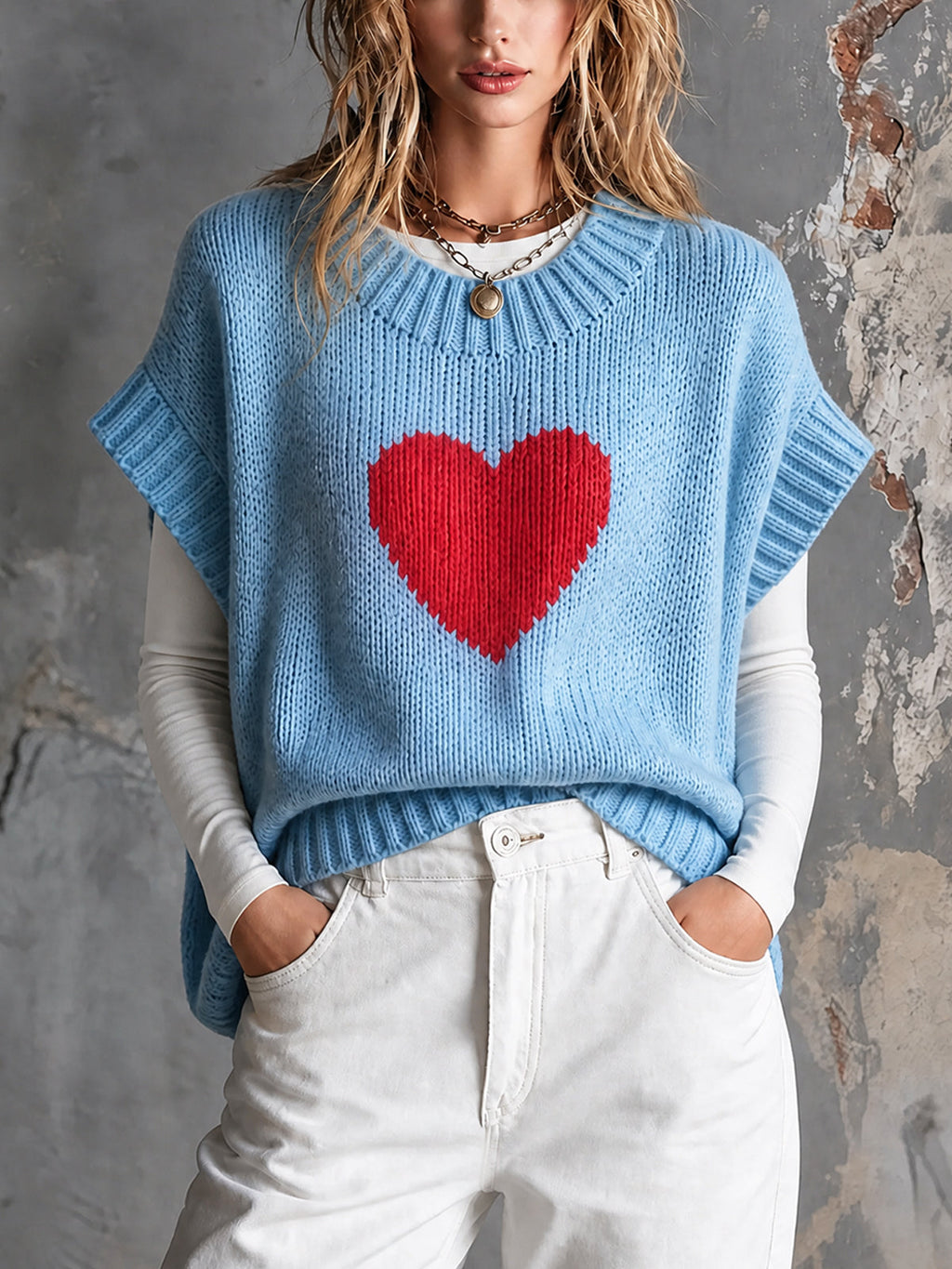 Matilda - Chic Casual Light Blue Round-Neck Red Heart Jacquard Short-Sleeve Loose-Fit Knit Sweater Top
