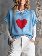 Matilda - Chic Casual Light Blue Round-Neck Red Heart Jacquard Short-Sleeve Loose-Fit Knit Sweater Top