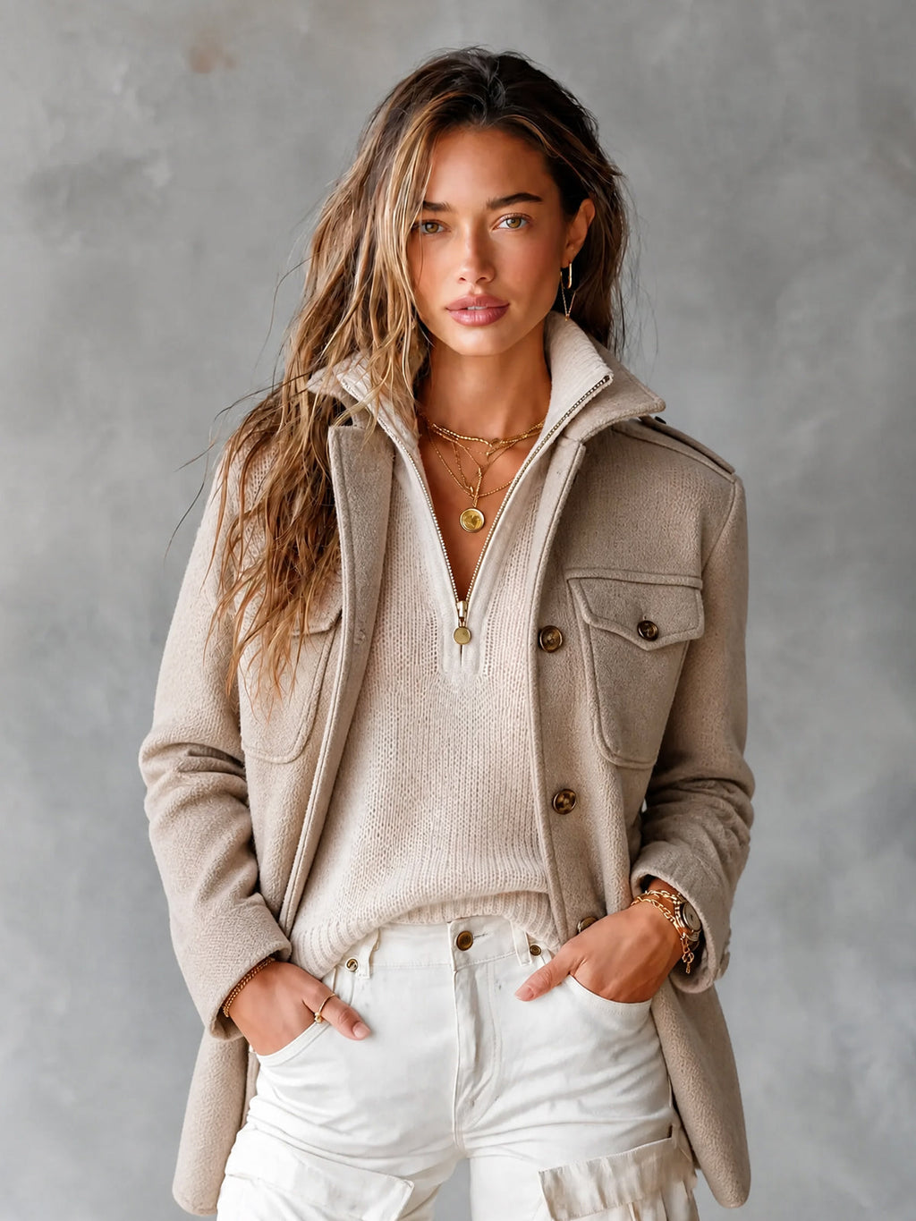 Evelina - Chic Elegant Beige Half-Zipper Collar Long-Sleeve Loose-Fit Breathable Knit Sweater Top
