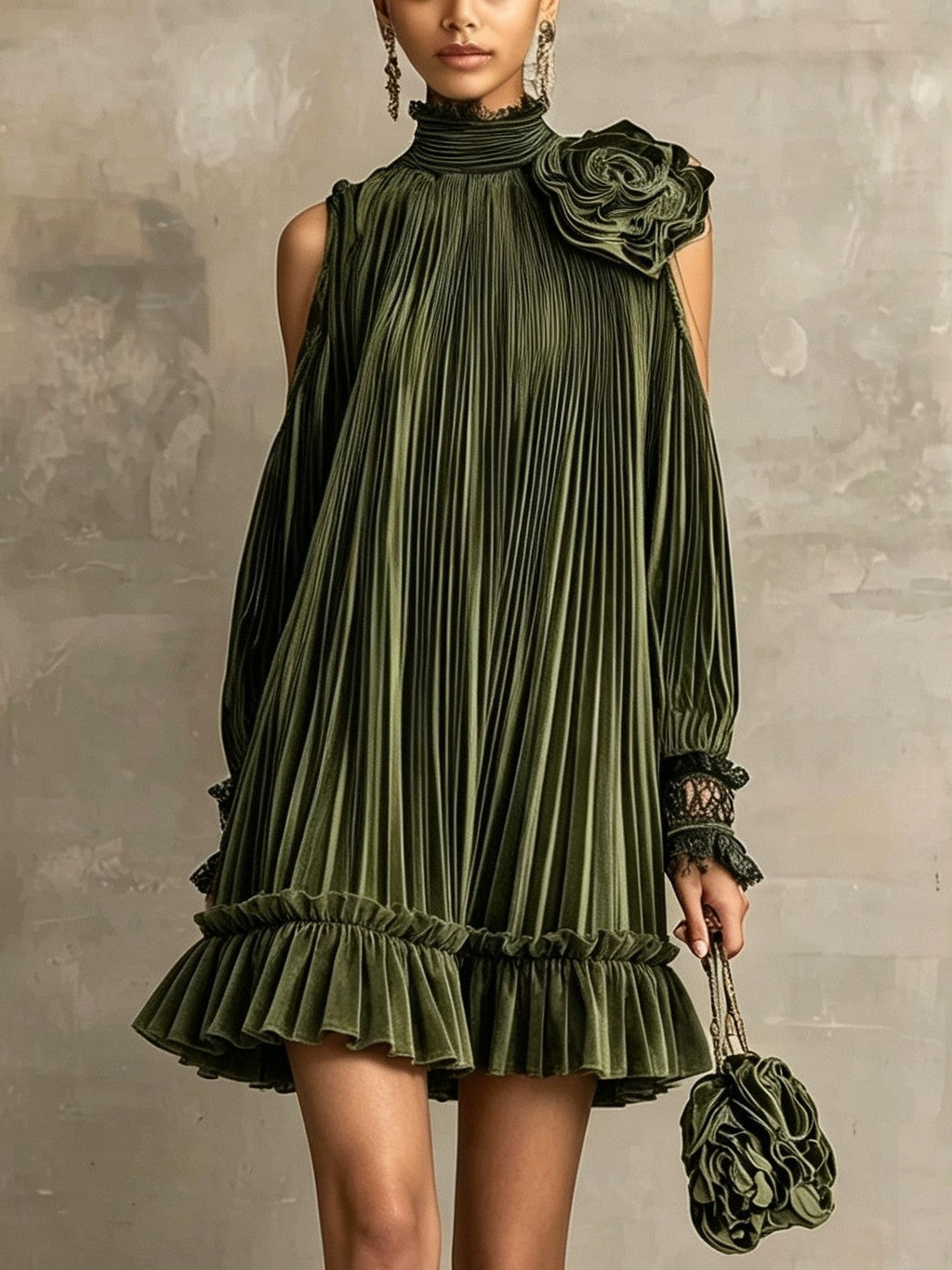 Ophelia - Elegant Olive Green Pleated Mini Dress with High Neck, Ruffle Hem & Rose Detail