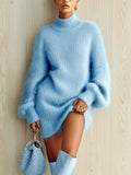 Cordelia - Chic Elegant Baby Blue Mock Neck Oversized Long-Sleeve Mini Dress