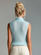 Chic Elegant Light Blue Stand Collar V-Neck Button Detail Slim-Fit Mohair Knit Vest