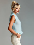 Chic Elegant Light Blue Stand Collar V-Neck Button Detail Slim-Fit Mohair Knit Vest