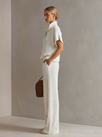 Chic Elegant Cream White Zipper-Up Stand Collar Oversize Short-Sleeve Sweater  Wide-Leg Pants Ribbed Knit Two-Piece Set