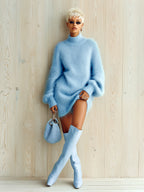 Cordelia - Chic Elegant Baby Blue Mock Neck Oversized Long-Sleeve Mini Dress