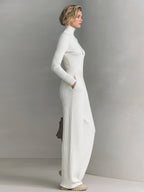 Chic Elegant Zip-up Mock Neck Slim-Fit Sweater Elastic Waist Wide-Leg Pants Knit Two-Piece Set